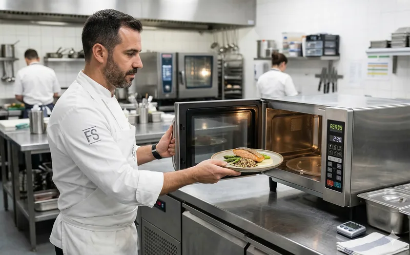 Micro-ondas industrial Menumaster e Panasonic em cozinha profissional